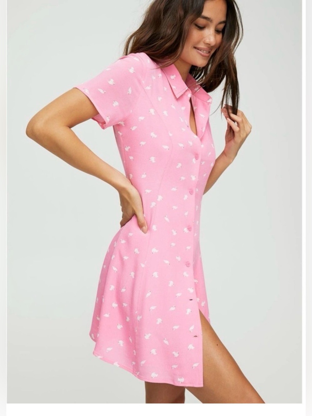 Aritzia Sunday Best Winnie Swan Print Pink Mini Shirtdress Women's Size small